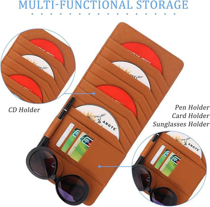 CD Case Holder for Car Sun Visor, Visor DVD Storage Organizer with Sunglasses Clip, Pen Holder & Card Slot, Multifunctional Automotive Disc Storage Pocket, Universal for SUV RV Truck (Brown)