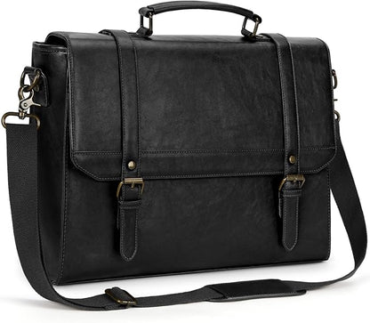 IGOLUMON Messenger Bag for Men 15.6 inch Vintage Leather Waterproof Laptop Briefcase for Men Large Computer Laptop Bag Leather Satchel Bag Retro Shoulder Bag for Office Business Travel College, Black