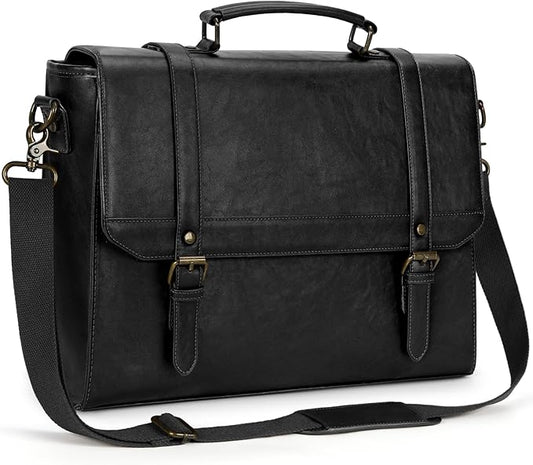 IGOLUMON Messenger Bag for Men 18 inch Vintage Leather Waterproof Laptop Briefcase Large Computer Laptop Bag Leather Satchel Bag Retro Shoulder Bag for Office Business Travel College, Black
