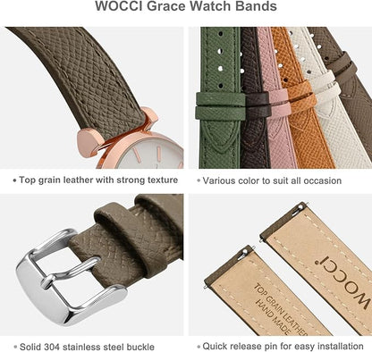 WOCCI 18mm Grace Leather Watch Band for Ladies, Top Grain Leather, Quick Release Replacement Strap with Silver Buckle (Elephant Grey)
