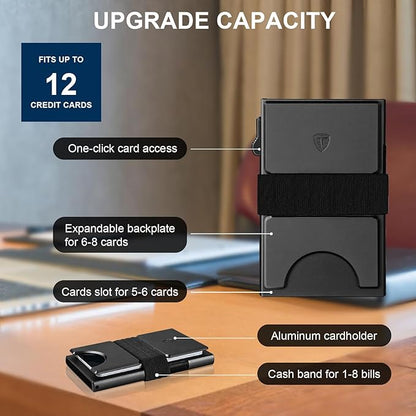 TOYFID Slim Wallet for Men,Black RFID Blocking Card Holder with Expandable Backplate Money Clip & ID Window Quick Access Minimalist Metal Pop Up Wallet,Holds 12+ Credit Cards/Passport/ID Cards