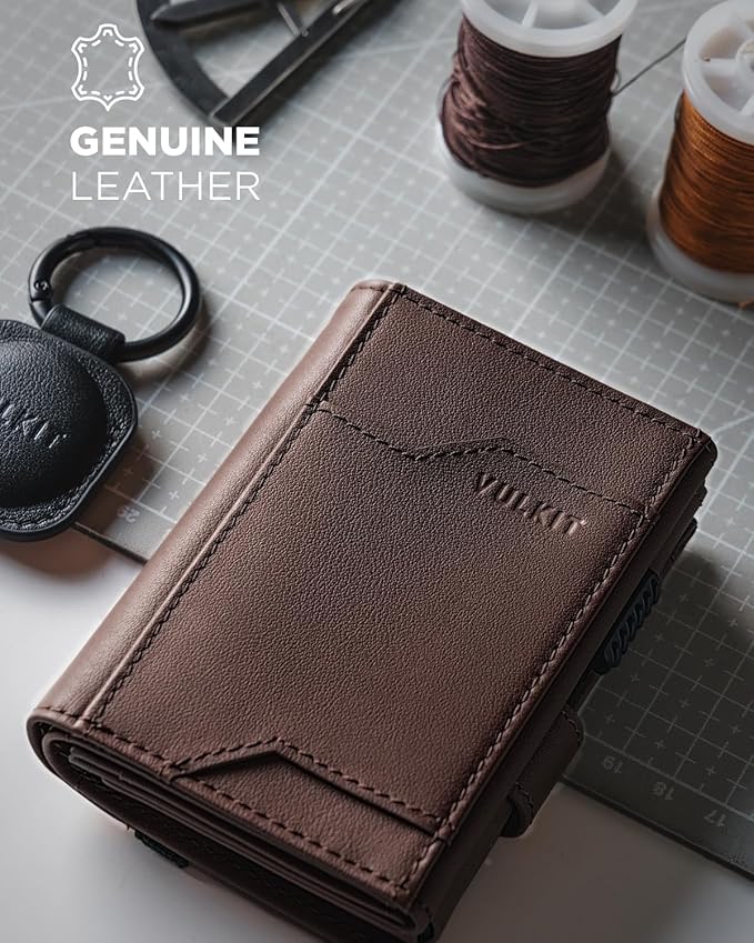 VULKIT Airtag Wallet with Keyring Mens Pop up Credit Card Wallet Compatiable with Air Tag Holder Trifold ID Window RFID Blocking