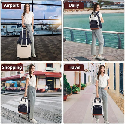 Laptop Backpack for Women, Fits 15.6 Inch Laptop Bag, Fashion Travel Work Backpack Anti-theft Bag with USB Charging, Business Computer Waterproof Backpack Purse, Beige Blue Brown