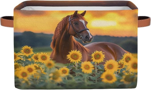Animal Horse Sunflower Square Storage Basket Bin Canvas Fabric Compressible Organizer Basket with Handle for Bedroom Nursery Office, 1PCS