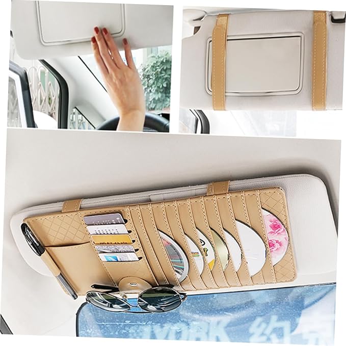 GLEAVI Car Cd Holder Sun Visor Storage Small Cd Holder Bag Leather Organizer Beige