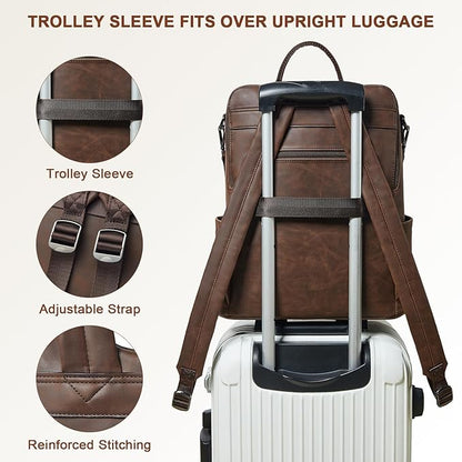 Shrrie Laptop Backpack for Women 15.6 inch,Travel Leather Backpack Purse Nurse Teacher Carry on Backpack Computer Bag,Professional Water-Resistant College Business Work Casual Daypack,Brown