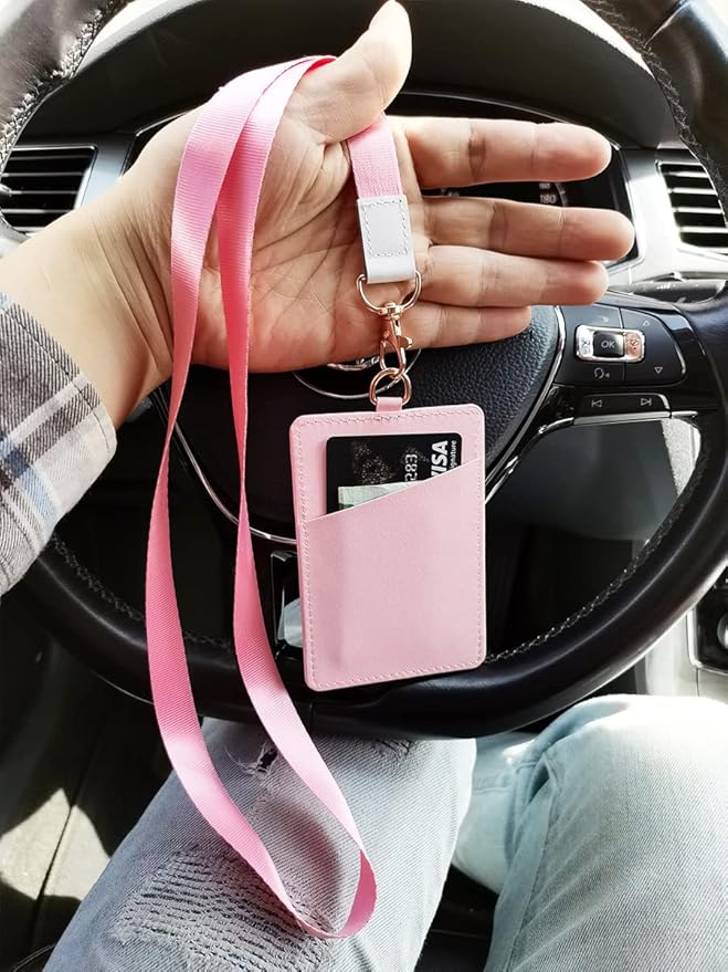 Badge Holder with Lanyard,Leather ID Card Holder,Vertical Lanyard ID Card Holder for Work Office (Pink-Bling)
