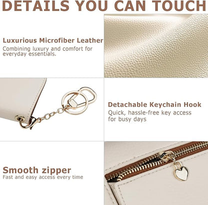 Women Small Wallet RFID Blocking Slim Wallet with Coin Pocket Tri-Fold Credit Card Holder with ID Window and Keychain(Beige＆Brown)