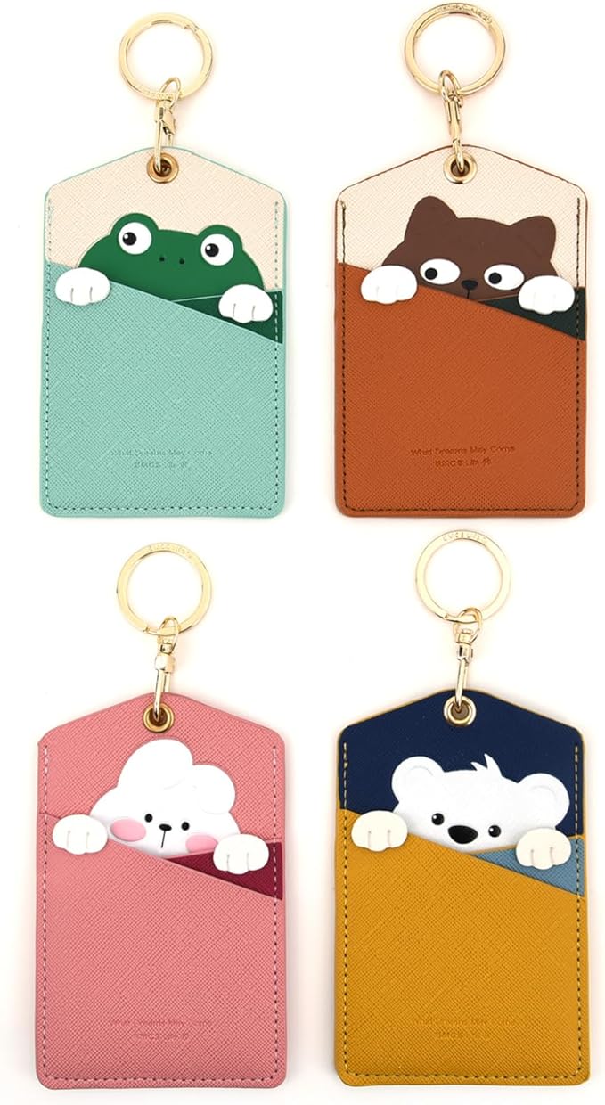 PU Leather ID Badge Holder with Keychain - Cartoon Animal Cute ID Badge Holder, 3 Card Slots for Professionals, Students, Nurse Officer, School Women Girls Boys (Pink)