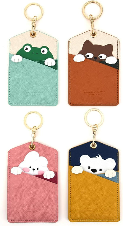 PU Leather ID Badge Holder with Keychain - Cartoon Animal Cute ID Badge Holder, 3 Card Slots for Professionals, Students, Nurse Officer, School Women Girls Boys (Green)
