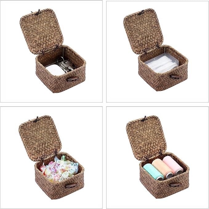 Hipiwe Mini Seagrass Basket Wicker Shelf Baskets with Lid Small Decorative Box Natural Storage Basket for Organizing Key Candy, Home Decor, 3.5"L x 3.5"W x 2"H