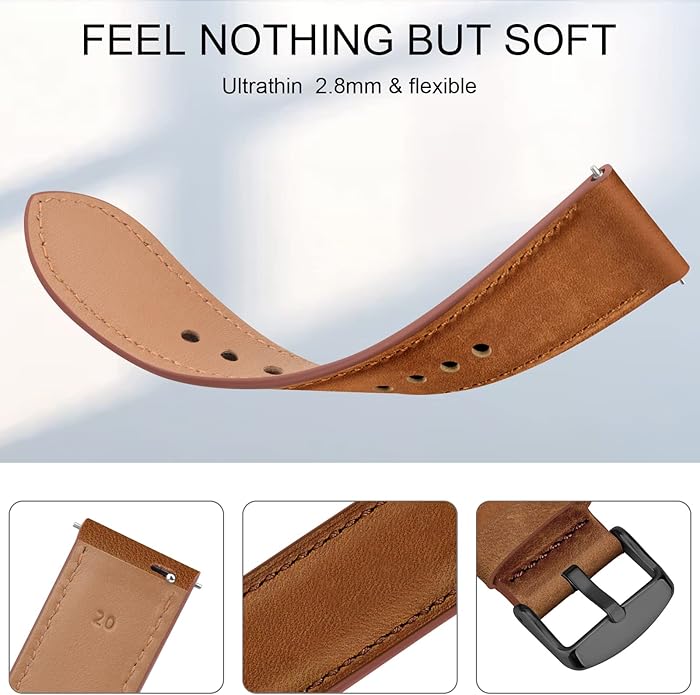 Vancle Quick Release Genuine Leather Watch Band 20mm 22mm Watch Strap, Top Grain Leather Watch bands for Men Women
