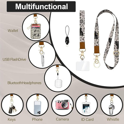 Floral Cat Lanyard Wallet, PU Lanyards for ID Badge, Keychain ID Badge Holder with Breakaway Neck & Wristlet Leather Zip Id Case Wallet for Women Woker Teacher Nurse Gift