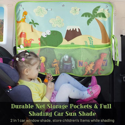 DIZA100 Car Window Shade for Baby, 2 Pack Car Sun Shades with Storage Pockets Car Window Curtain 7 Suction Cups Dinosaurs Pattern for Sun/Heat/UV Rays Protection