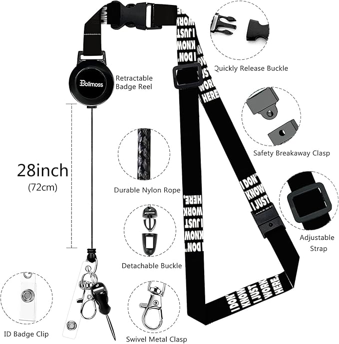 bolimoss Funny Lanyards for ID Badges,PU Leather Badge Holders with Detachable Neck Lanyard Strap, Adjustable Retractable Badge Reels with Metal Swivel Clasp, Teacher Nurse Student Work Office Gifts