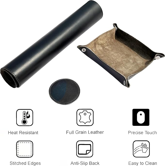 Leather Desk Mat Desk Pad - Full Grain (32x16) Leather Desk Cover Blotter & Protector - Large Computer Keyboard Gaming Table Mat - Desktop Accessories Mouse Pad for Laptop, Office & Home (Black)
