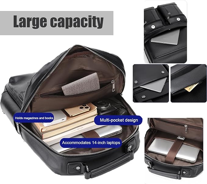 CHAO RAN Leather Laptop Backpack for Men Fit 15.6 Inch Laptop, Business Work Office College Medium Backpack with USB Charging Port, Waterproof Black Travel Bag