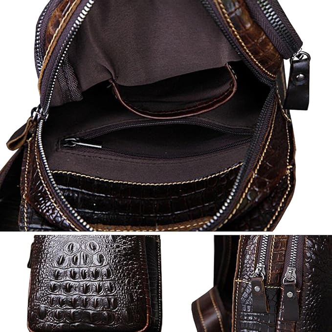 Hebetag Crocodile Genuine Leather Sling Bag Crossbody Backpack for Men Women Travel Outdoor Hiking Camping Shoulder Chest Pack Casual Pouch Daypack Coffee