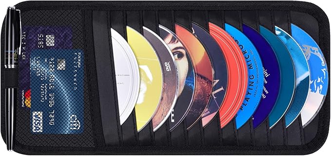 Car CD Case Holder, Wisdompro Vehicle Sun Visor Organizer for Cars with 12 DVD Storage Sleeves, 1 Mesh Pocket, 1 Pen Holder and Elastic Strap, Black
