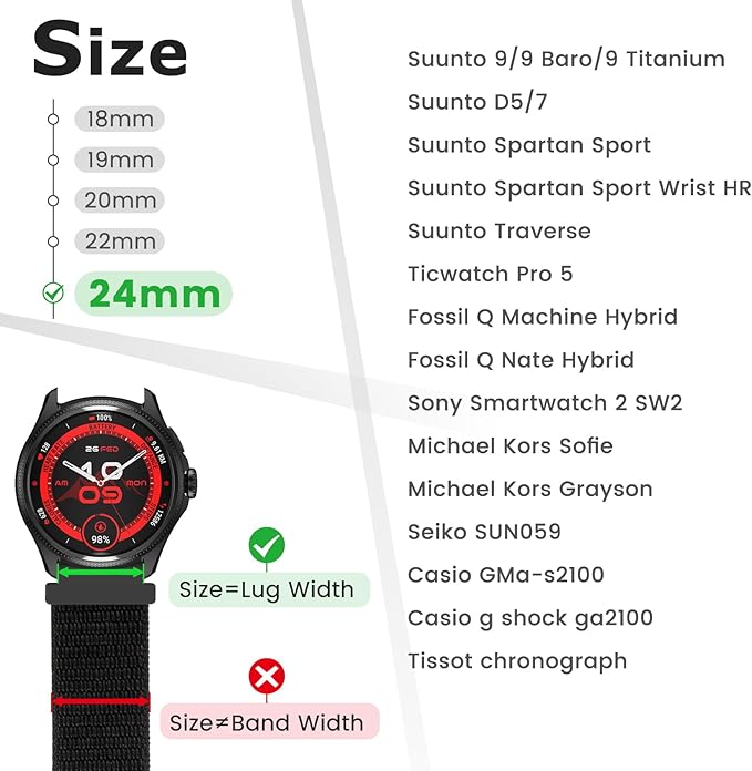 24mm Nylon Sport Quick Release Watch Band Compatible with Garmin Venu X1/TicWatch Altas/TicWatch Pro 5/Pro 5 Enduro/COROS Nomad/iTouch AIR 4 41mm 46mm/AIR 3 44mm/Suunto 9/9 Baro/9 Titanium
