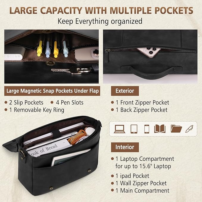 RAINSMORE Leather Messenger Bag for Men 15.6 Inch Laptop Bag Vintage Briefcase Large Computer Bag Satchel Shoulder Bag For College,Work,Business,Office,Black