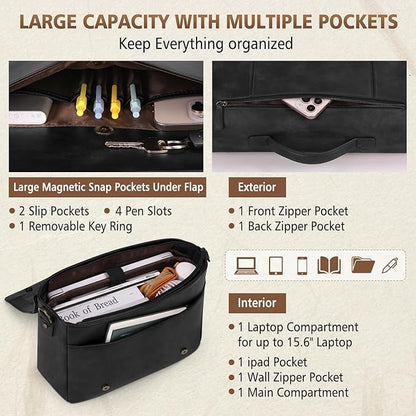 RAINSMORE Leather Messenger Bag for Men 15.6 Inch Laptop Bag Vintage Briefcase Large Computer Bag Satchel Shoulder Bag For College,Work,Business,Office,Black