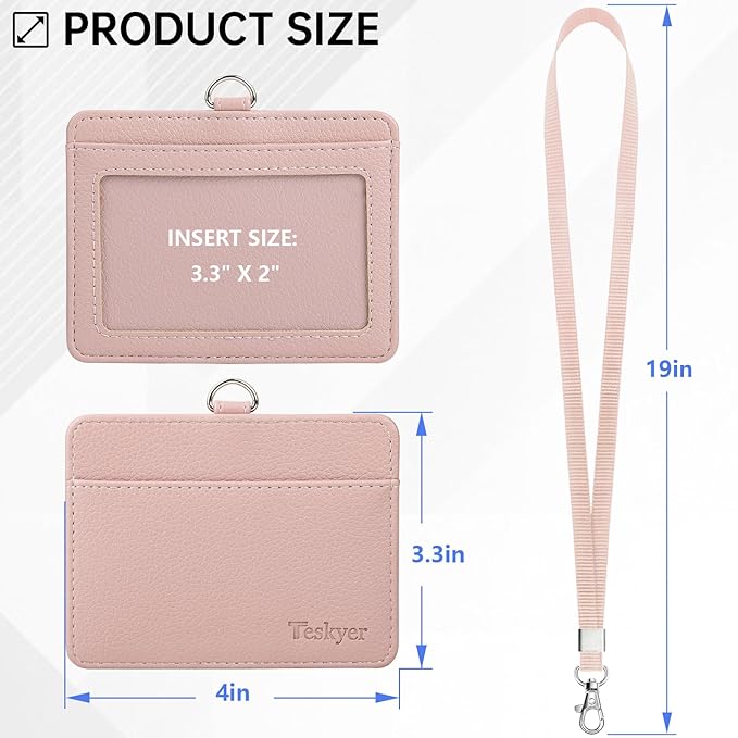 Teskyer Badge Holder with Lanyard, Leather ID Name Badge Card Holder with Lanyard for ID Badges, Horizontal, Lychee Pattern Dark Pink