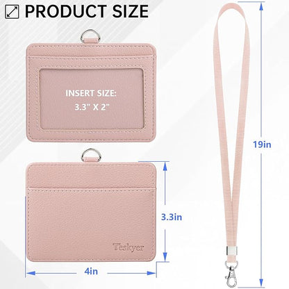 Teskyer Badge Holder with Lanyard, Leather ID Name Badge Card Holder with Lanyard for ID Badges, Horizontal, Lychee Pattern Dark Pink