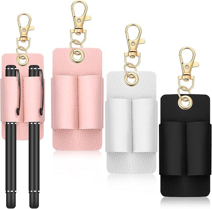 3 Pcs Pen Holder for Lanyard Double Hole Genuine Leather Pen Holder with Keychain Lanyard Attachment Portable Pocket Clip for Nurses Couriers Clerks (Black White Pink)