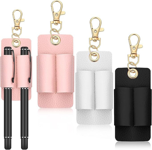 3 Pcs Pen Holder for Lanyard Double Hole Genuine Leather Pen Holder with Keychain Lanyard Attachment Portable Pocket Clip for Nurses Couriers Clerks (Black White Pink)