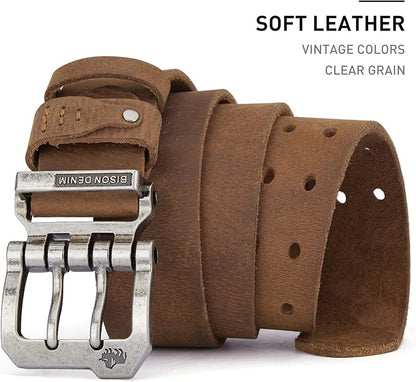 BISON DENIM Men's Belts Leather Dress Genuine Leather Classic Heavy Duty Buckle Belt Casual for Jeans