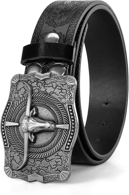 Western Cowboy-Belts for Men Big-Buckle Longhorn-Bull PU-Leather Rodeo Cowgirl-Belt Engraved Floral - Waist 25-38"