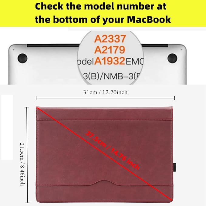 TYTX Compatible with MacBook Air 13 Inch Leather Case, for Model A2337 M1 A2179 A1932 2018-2021 Retina Display Touch ID, PU Leather Laptop Case with Pocket for Papers and Pen Holder, Wine Red
