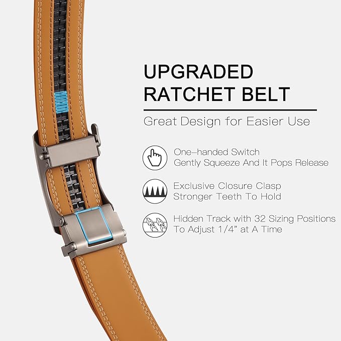 SENDEFN Men's Leather Belt Automatic Ratchet Buckle Slide Belt for Dress Casual Trim to Fit with Gift Box