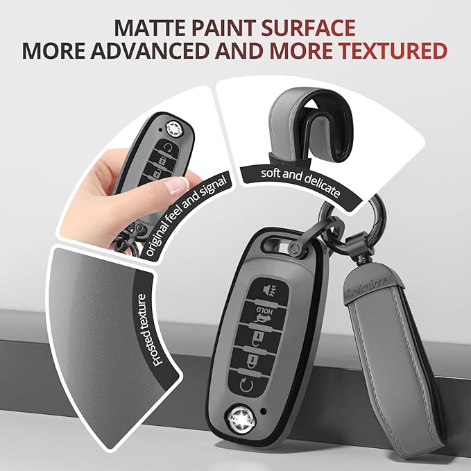 For Nissan Key Fob Cover Accessories- Matte TPU Key Fob Cover with Leather Keychain for 2023 2024 Rogue Pathfinder Versa 2025 Sentra Patrol Armada Smart and More (Matte Gray, 5 Buttons)