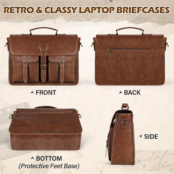 RAINSMORE Messenger Bag for Men 18 Inch Vintage Leather Laptop Briefcase Large Laptop Bag Waterproof Computer Satchel for Office Work Travel College, Brown