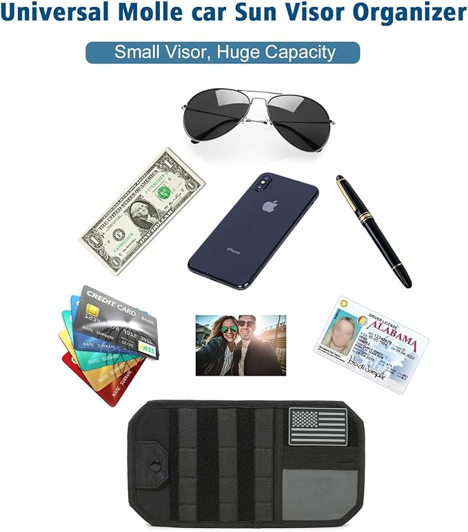 Upgraded Molle Car Sun Visor Organizer, Semi-Rigid MOLLE Panel No Sagging with Zipper Storage Pouch & Glasses Clip, Heavy Duty Tactical Gear for Trucks SUVs Cars - Universal Fit