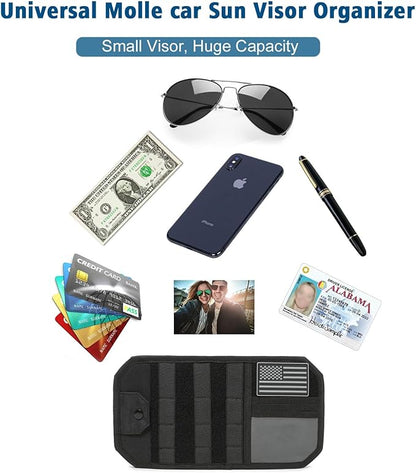 Upgraded Molle Car Sun Visor Organizer, Semi-Rigid MOLLE Panel No Sagging with Zipper Storage Pouch & Glasses Clip, Heavy Duty Tactical Gear for Trucks SUVs Cars - Universal Fit