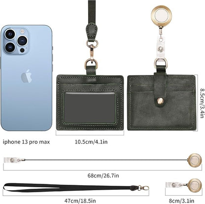 Wonderpool Leather Horizontal Badge Holder with Detachable Neck Lanyard and Retractable Badge Reel Clip, Card Slots Case ID Card Holder for ID Badges Card and Driver Licence (Green)
