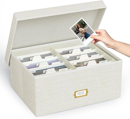 Decorative Photo Storage Box - Linen Photo Box Organizer with Dividers, Fits Holds Up to 1700 Pictures and 5x7 Photos, Memory Keepsake Organizer for Photos, Scrapbook Supplies, Cards, Stamps (Beige)