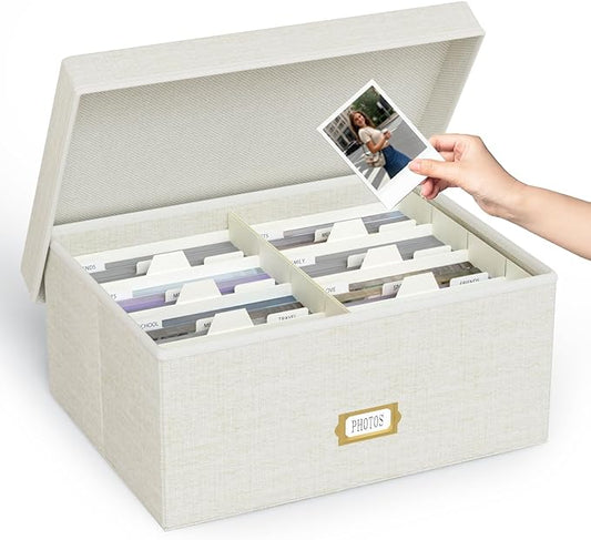 Decorative Photo Storage Box - Linen Photo Box Organizer with Dividers, Fits Holds Up to 1700 Pictures and 5x7 Photos, Memory Keepsake Organizer for Photos, Scrapbook Supplies, Cards, Stamps (Beige)