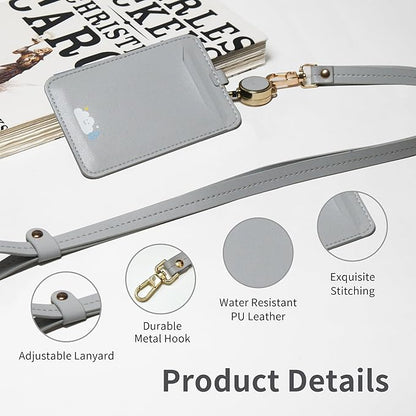 EKAX ID Badge Holder with Adjustable Lanyard & Retractable Badge Reel Clip, Double-Sided Card Holder for Office, Bus Pass, Student, Nurse, Police, Teacher-Puffy Cloud
