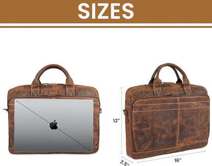 Full Grain Leather Messenger Bag for Men, 16” Briefcase Laptop Satchel Vintage Professional Office Work & Travel Bag