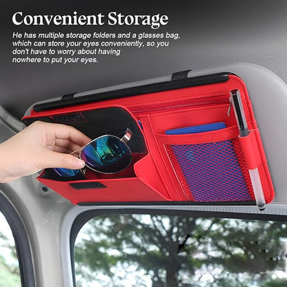 Car Sun Visor Organizer, Car Visor Pocket Wallet Pouch Holder, Vehicle Sunshade Glasses Case Storage Bag with Multi-Pocket Net Zipper, Auto Interior Accessories Universal for SUV Truck Van (Beige)