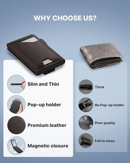 typecase Tactical Wallet for Men Card Holder: Pop Up Card Case, Genuine Leather, Smart, RFID Blocking, Slim, Minimalist, Thin, Front Pocket - 9-13 Card Capacitiy, ID Window, Money Clip (Deep Brown)