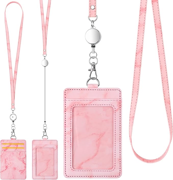 ID Badge Holder with Lanyard Marble Pattern Retractable Badge Holder PU Leather with Clear ID Window 1 Credit Card Case Name Badge Keychain Tags Protector for Women Nurse Teacher Office (Pink)