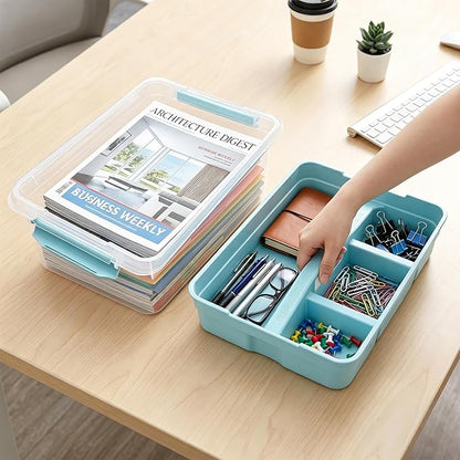 Yesland Stack & Carry Box with Removable Tray, 16 x 11 x 6.5 Inch Plastic Art Supply Storage Organizer Craft Storage Containers with Handle, Portable Organizer Bin for Stationery Sewing Jewelry, Blue