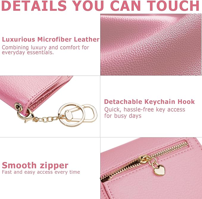Women Small Wallet RFID Blocking Slim Wallet with Coin Pocket Tri-Fold Credit Card Holder with ID Window and Keychain(Pink)
