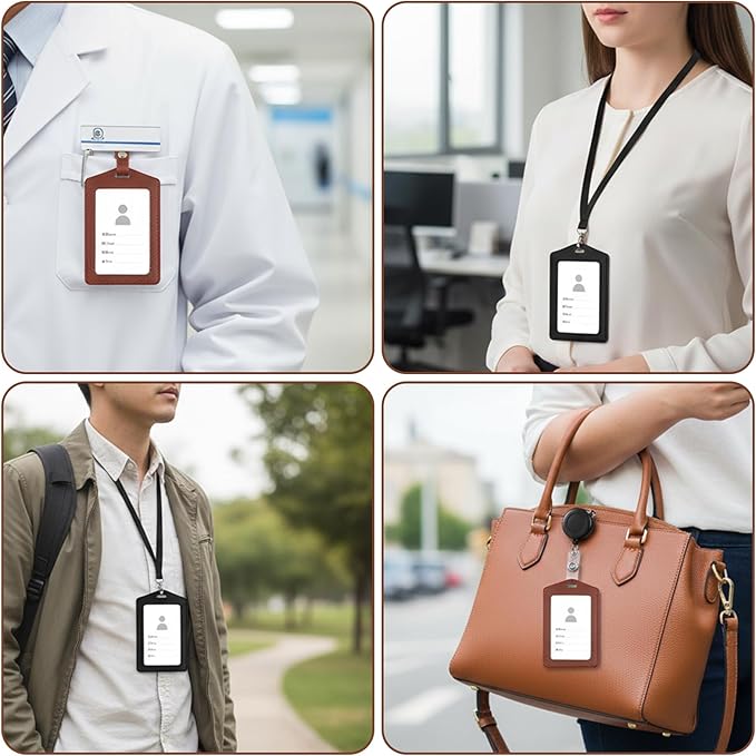 4 Pcs Leather ID Badge Holders, Waterproof Single-Side Clear Card Holders, Vertical Leather Name Badge Holder for Office Staff Students Employees (Black, Brown)