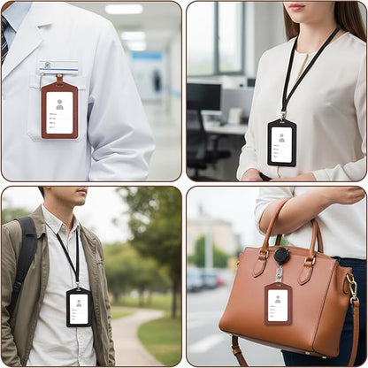 4 Pcs Leather ID Badge Holders, Waterproof Single-Side Clear Card Holders, Vertical Leather Name Badge Holder for Office Staff Students Employees (Black, Brown)